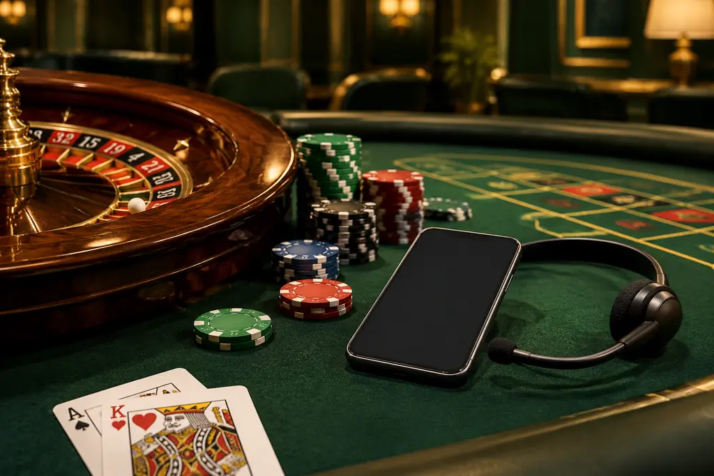 Perangkat komunikasi di samping cip dan roda roulette