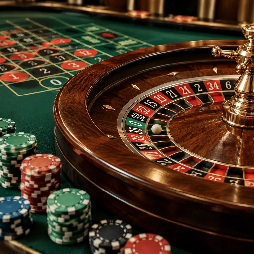 Roda roulette dan tata letak angka di meja hijau