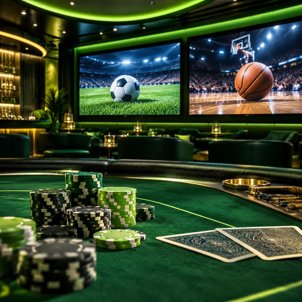 Ruang olahraga kasino dengan layar sepak bola dan bola basket