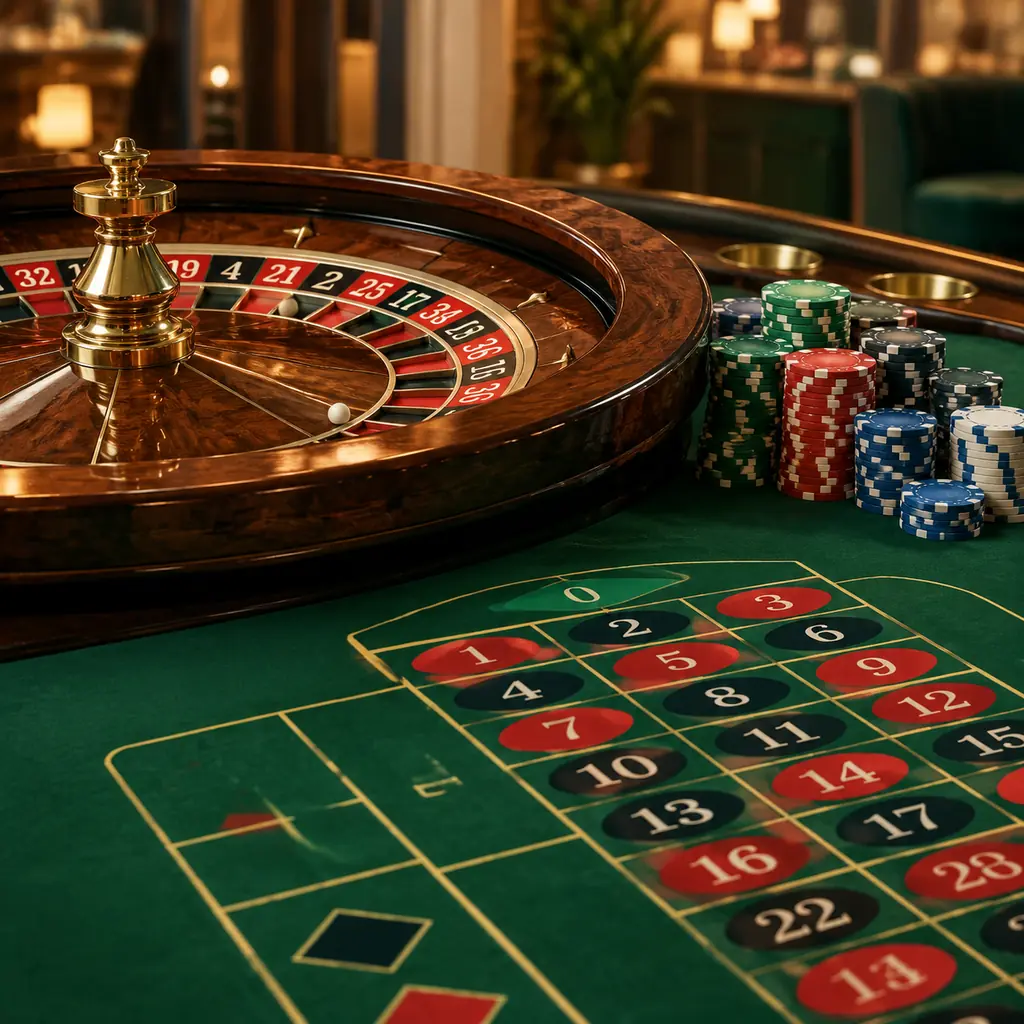 Ilustrasi meja roulette hijau dengan roda dan tumpukan cip